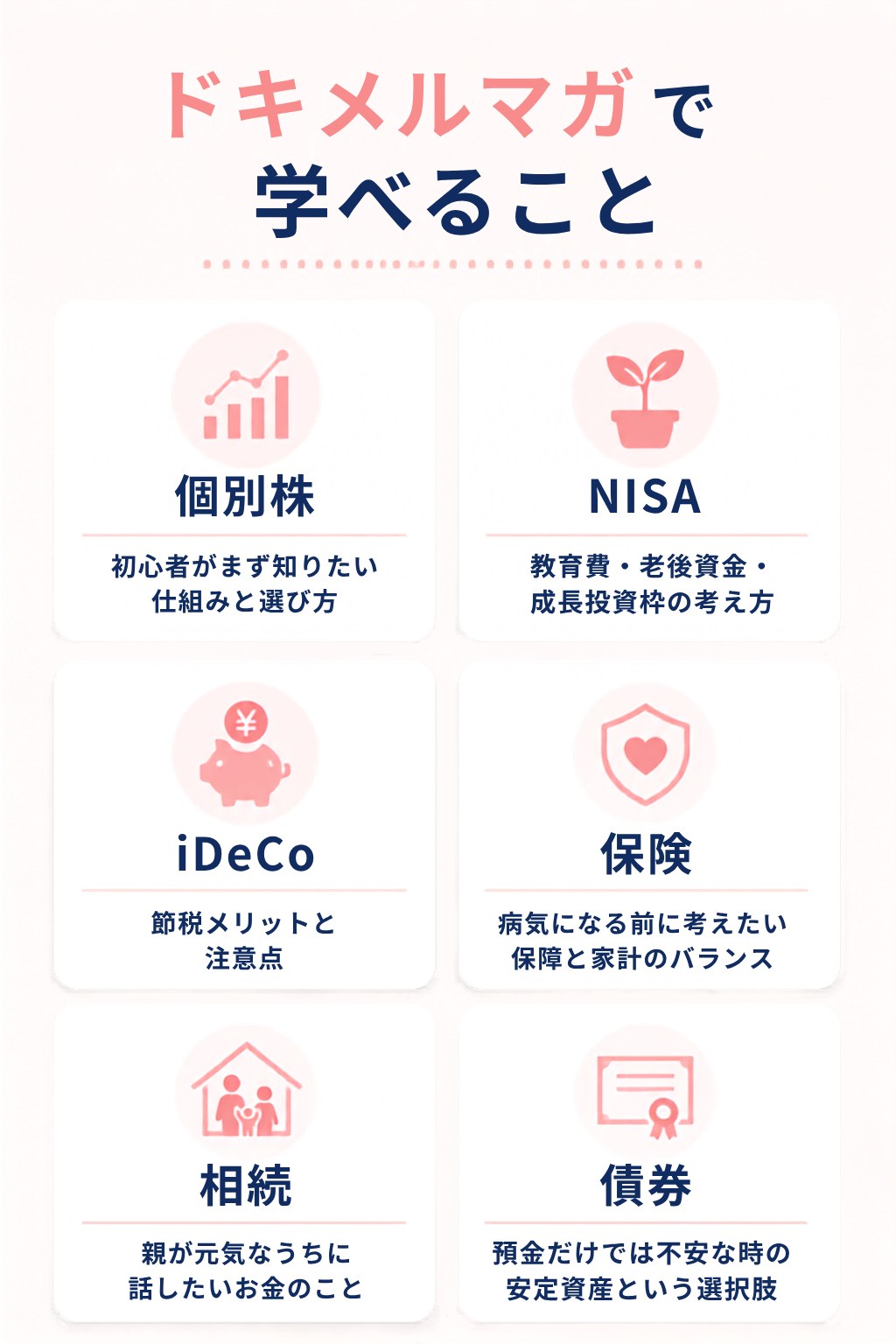 ドキメルマガで学べること。投資信託、NISA、iDeCo、保険、相続、債券。